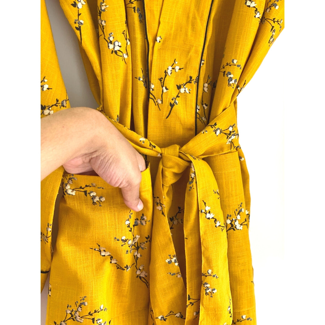 The Indian Bazaar | Cotton Flax Kimono + Bag - Mustard w/ Japanese Blossom Print