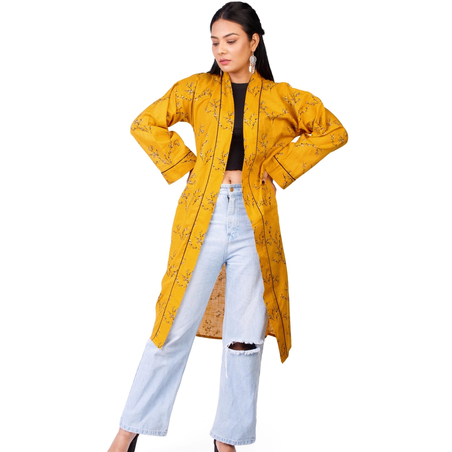 The Indian Bazaar | Cotton Flax Kimono + Bag - Mustard w/ Japanese Blossom Print