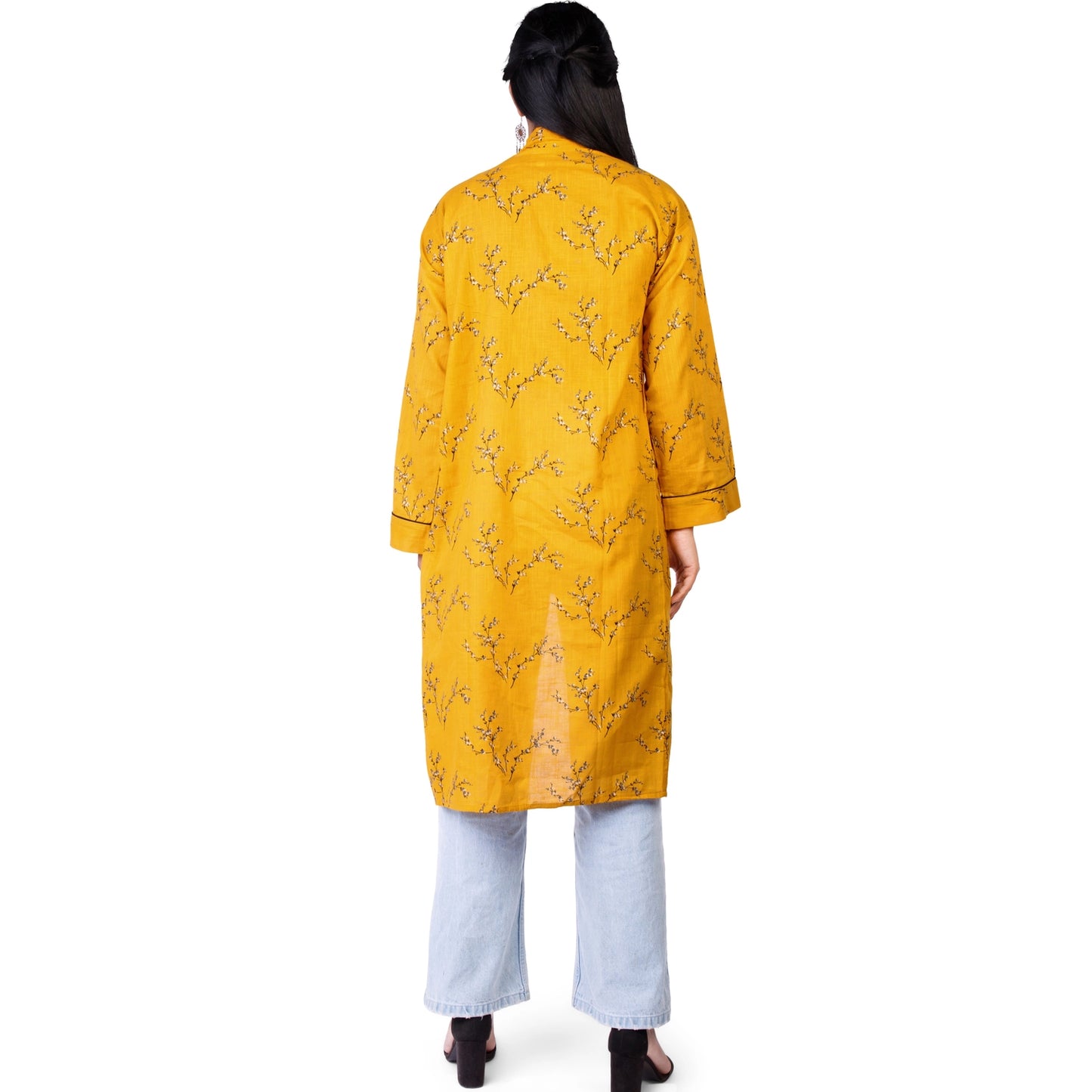 The Indian Bazaar | Cotton Flax Kimono + Bag - Mustard w/ Japanese Blossom Print