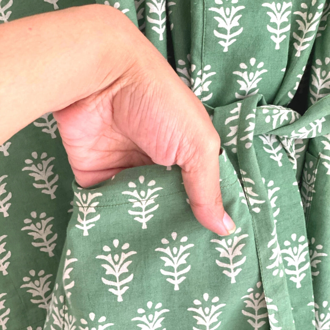 The Indian Bazaar | Cotton Flax Kimono + Bag - Green Peace Block Print