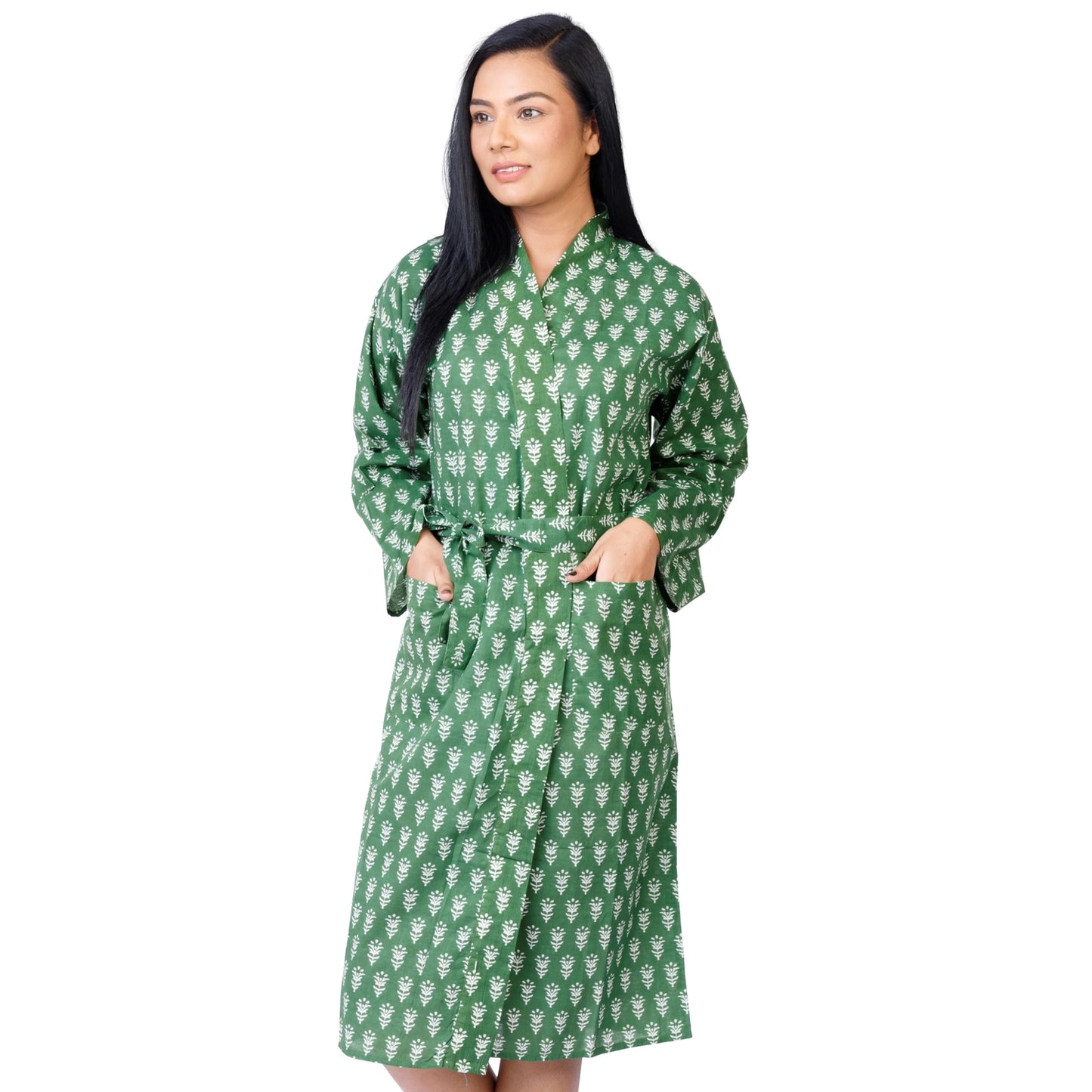 The Indian Bazaar | Cotton Flax Kimono + Bag - Green Peace Block Print
