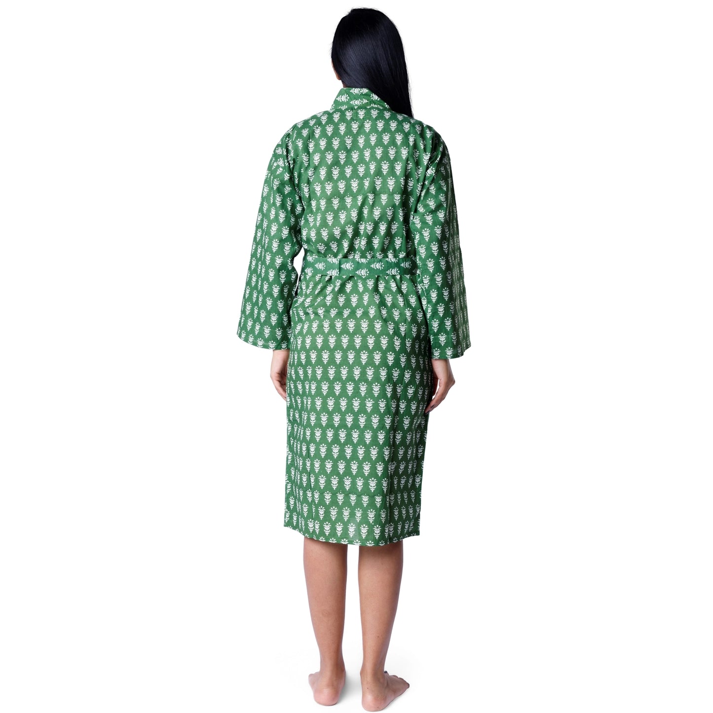 The Indian Bazaar | Cotton Flax Kimono + Bag - Green Peace Block Print