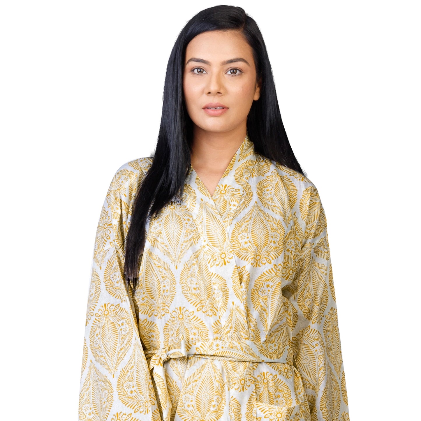 The Indian Bazaar | Cotton Flax Kimono + Bag - Floral Yellow Leaf Print