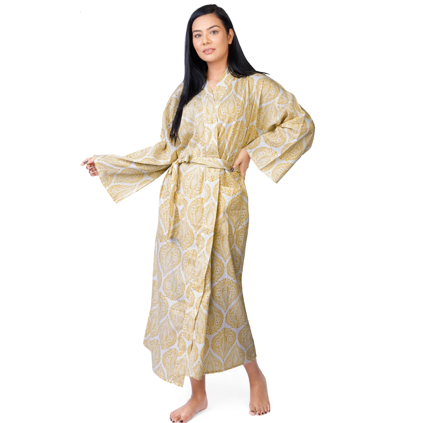 The Indian Bazaar | Cotton Flax Kimono + Bag - Floral Yellow Leaf Print