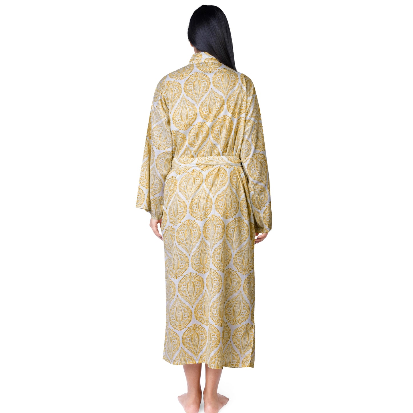 The Indian Bazaar | Cotton Flax Kimono + Bag - Floral Yellow Leaf Print