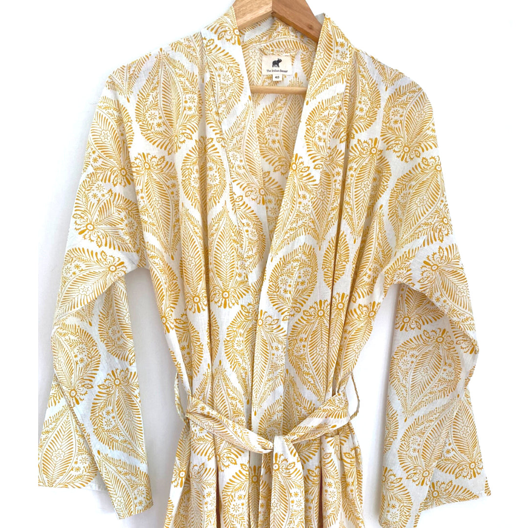 The Indian Bazaar | Cotton Flax Kimono + Bag - Floral Yellow Leaf Print