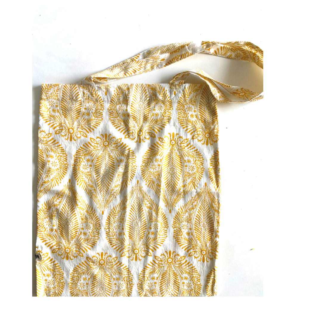 The Indian Bazaar | Cotton Flax Kimono + Bag - Floral Yellow Leaf Print