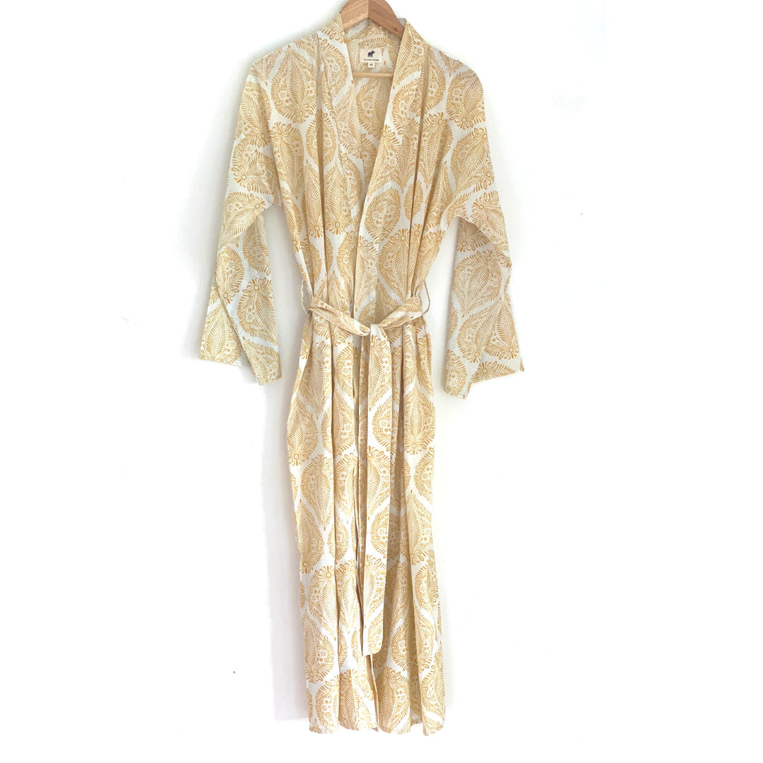 The Indian Bazaar | Cotton Flax Kimono + Bag - Floral Yellow Leaf Print