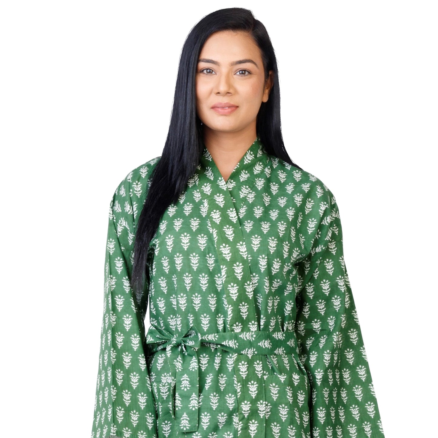 The Indian Bazaar | Cotton Flax Kimono + Bag - Green Peace Block Print