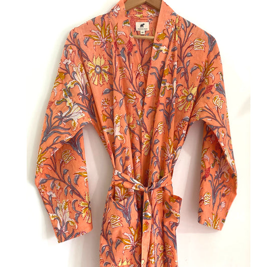 The Indian Bazaar | Cotton Flax Kimono + Bag - Floral Garden Pastel Coral