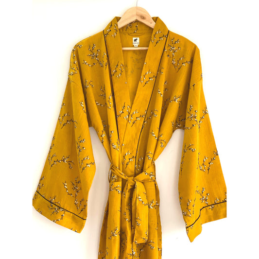 The Indian Bazaar | Cotton Flax Kimono + Bag - Mustard w/ Japanese Blossom Print