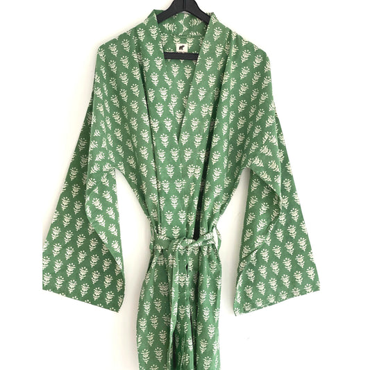 The Indian Bazaar | Cotton Flax Kimono + Bag - Green Peace Block Print