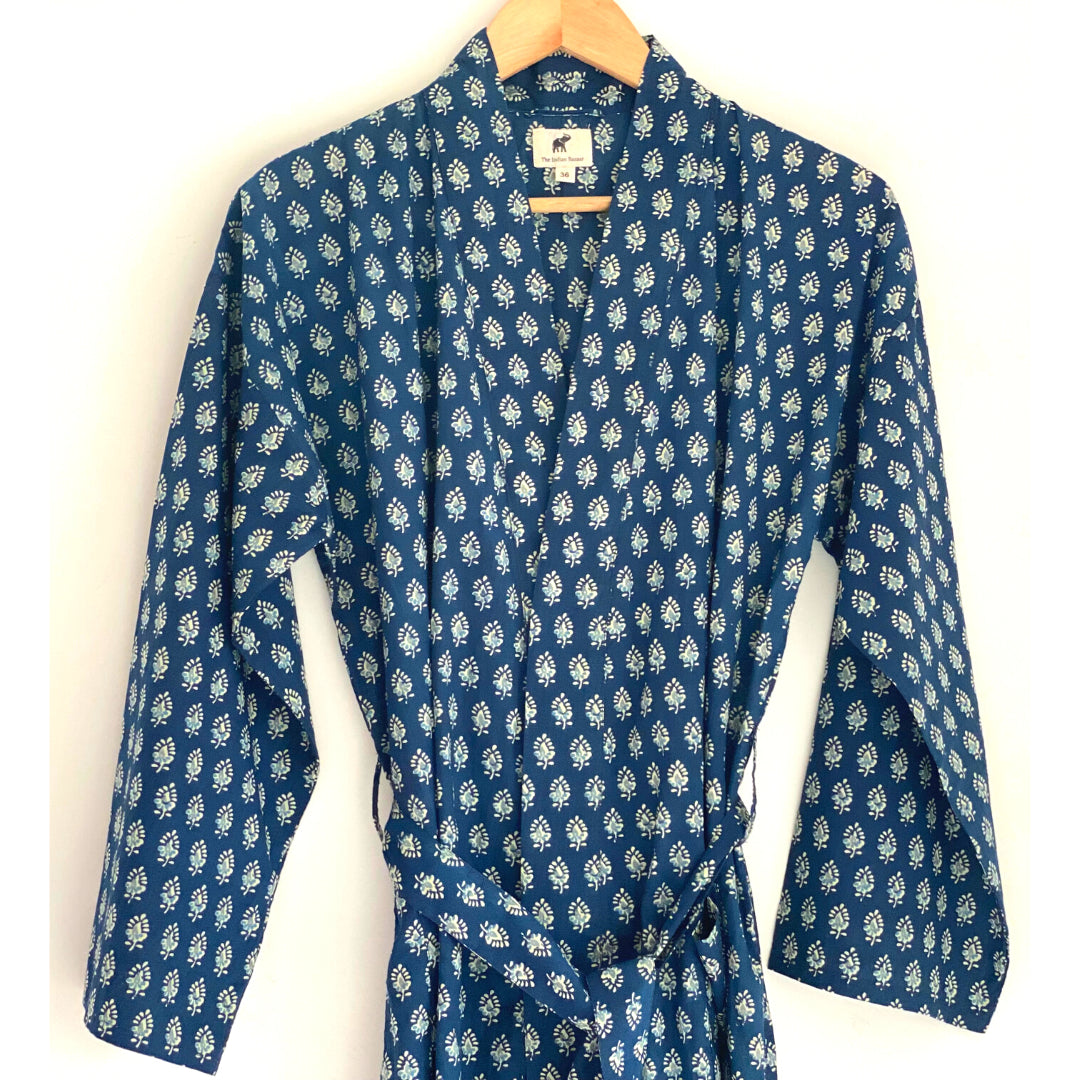 The Indian Bazaar | Cotton Flax Kimono + Bag - Indigo Buti Floral