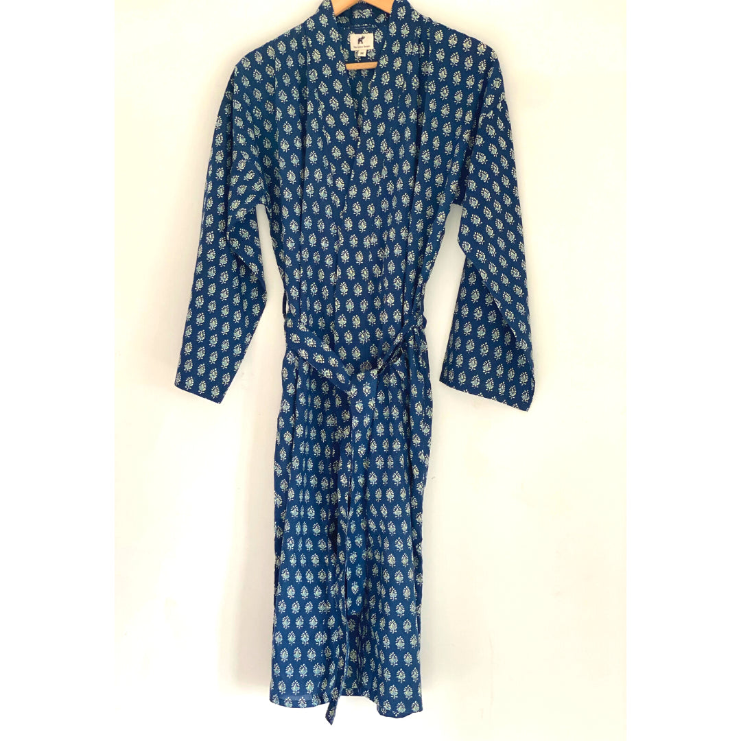 The Indian Bazaar | Cotton Flax Kimono + Bag - Indigo Buti Floral