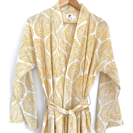 The Indian Bazaar | Cotton Flax Kimono + Bag - Floral Yellow Leaf Print